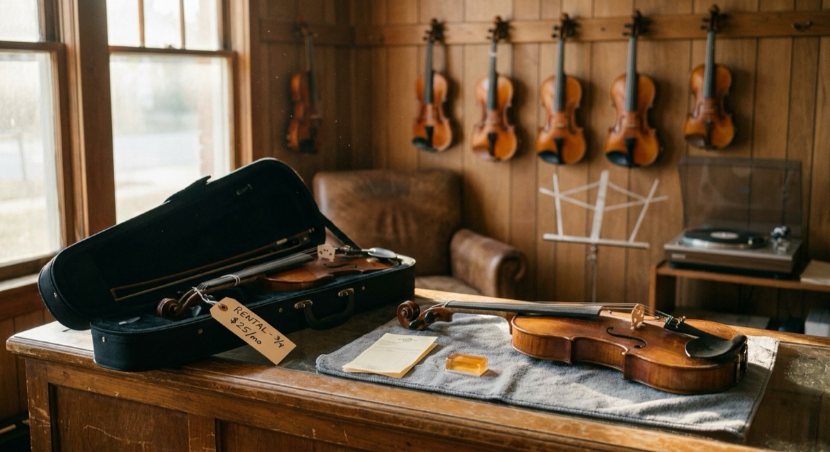A small independent violin shop interior with a wall of student violins hanging from pegs, an open rental case in the foreground with a handwritten price tag, and a full-size violin resting beside it on a polishing cloth