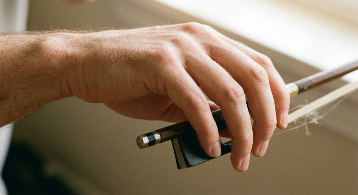 A close-up of a relaxed adult hand resting on the frog of a violin bow in soft window light