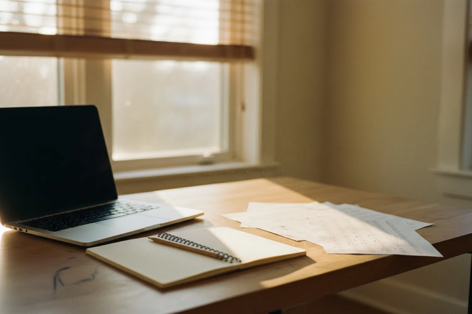 A laptop on a wooden desk by a sunlit window, with a notebook and sheet music nearby