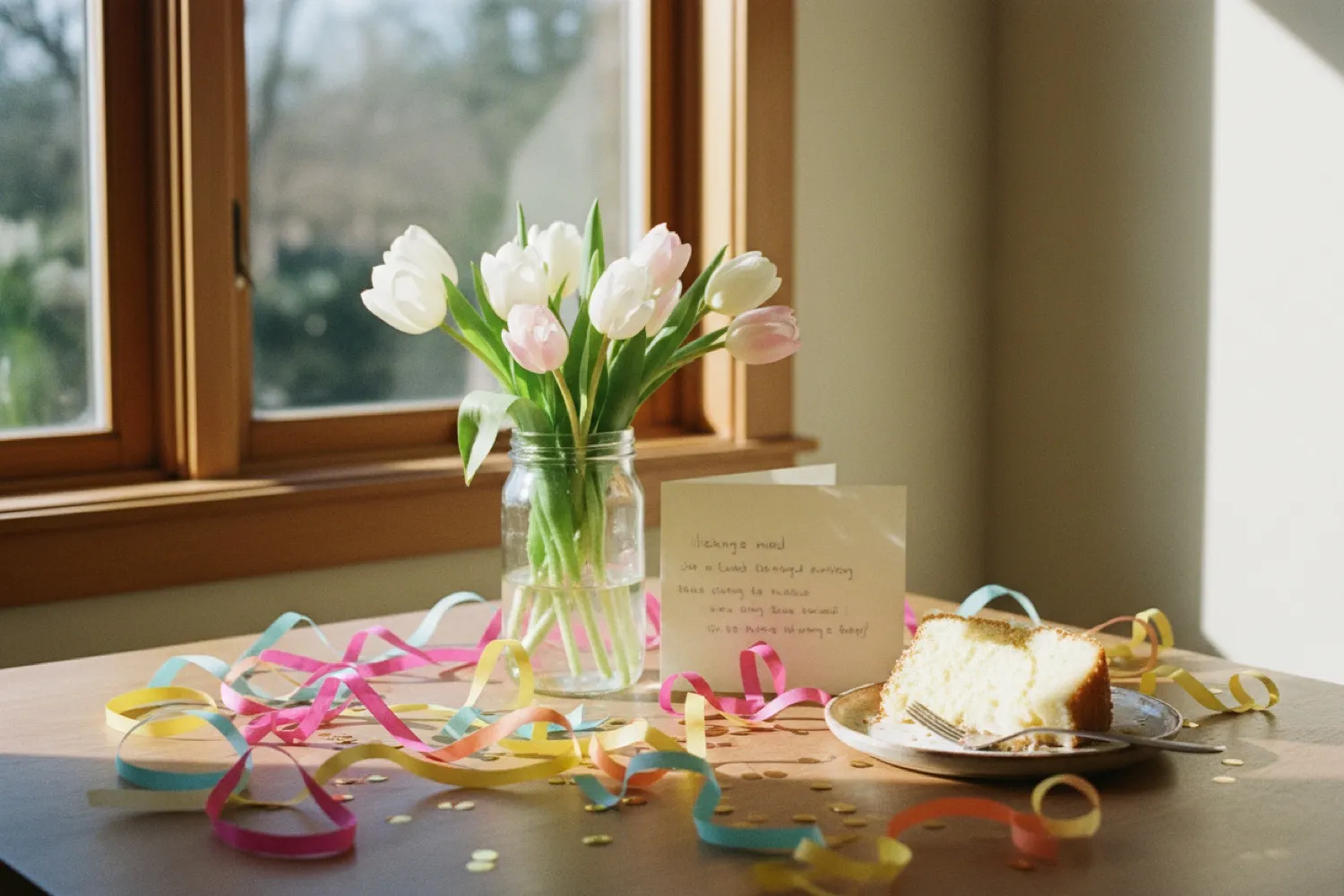 Fresh tulips, a slice of cake, paper streamers and confetti on a sunlit wooden table