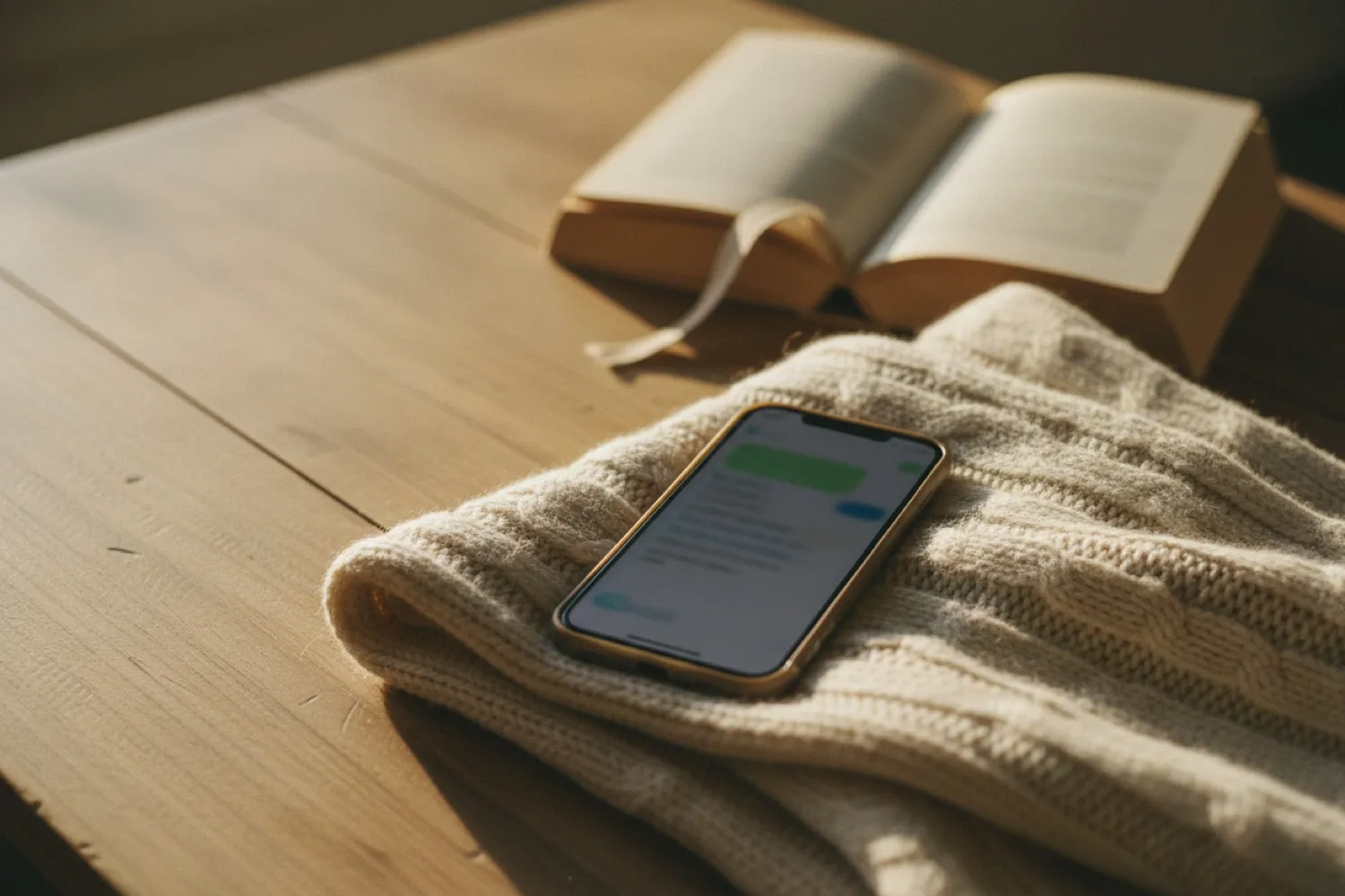 A phone with an open message thread resting on a soft cream knit blanket beside an open book