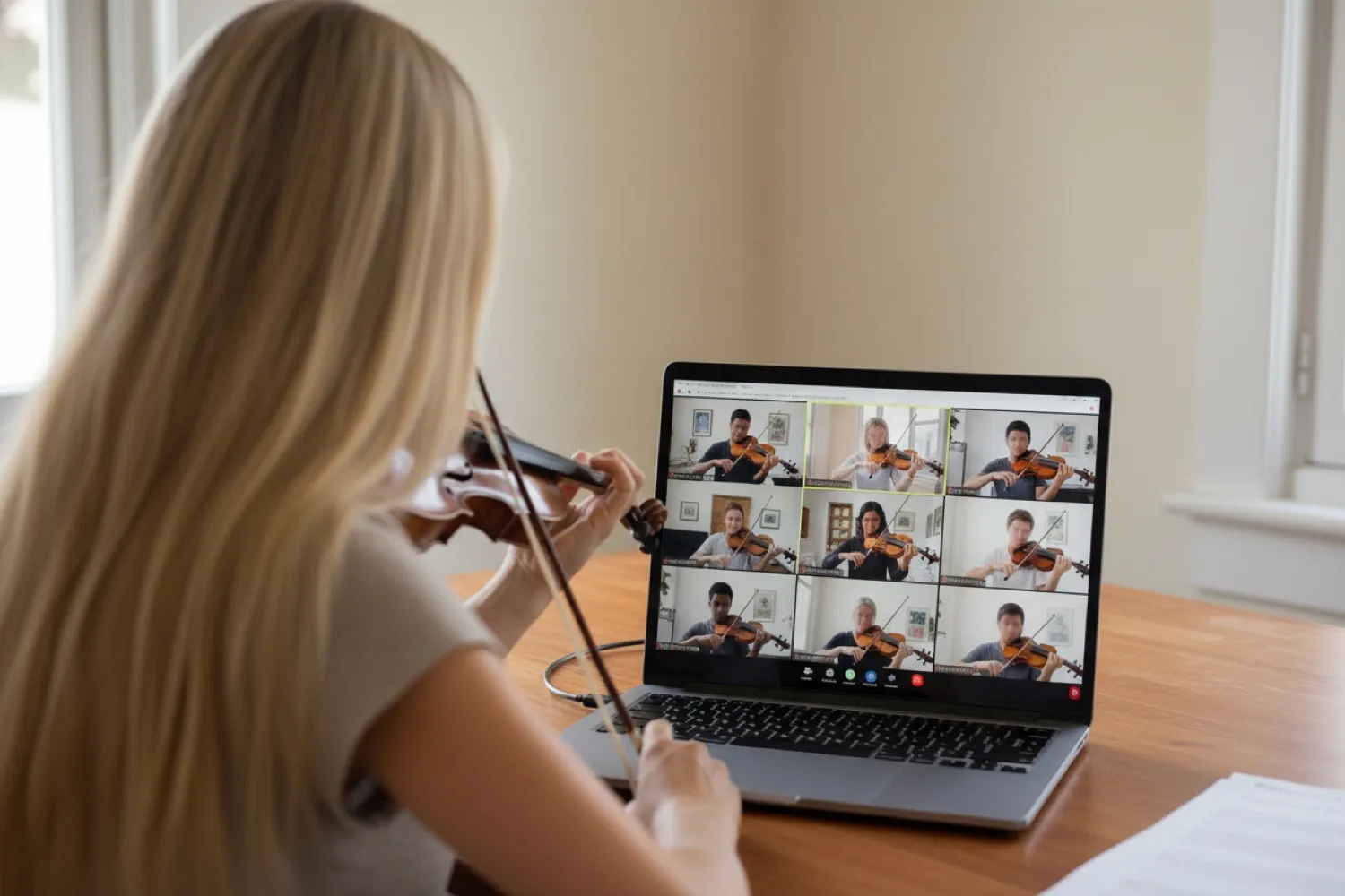 Marta leading a video call with students playing violin together